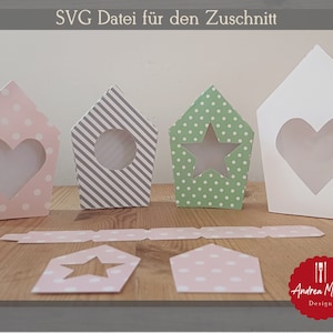Arquivo SVG com molde para fazer casinhas de papelão - estrela, círculo, coração - arquivo plotter - arquivo plotter casinha de passarinho, molde