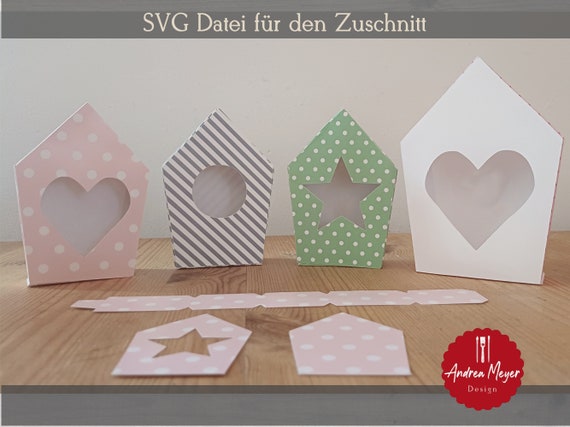 SVG file with pattern for making houses out of cardboard - star, circle, heart - plotter file - plotter file birdhouse, template by AndreaMeyerDesign 3