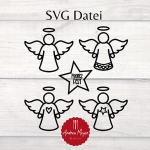 Könnte beinhalten: SVG-Datei mit vier schwarzen und weißen Engelkonturen. Jeder Engel hat einen Heiligenschein, Flügel und einen einfachen Körper. Der Text "SVG Datei" befindet sich oben im Bild.
