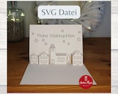 SVG Pop-up Weihnachtskarte mit Umschlag | Cricut & Silhouette | Plotterdatei Frohe Weihnachten Dorf mit Kirche