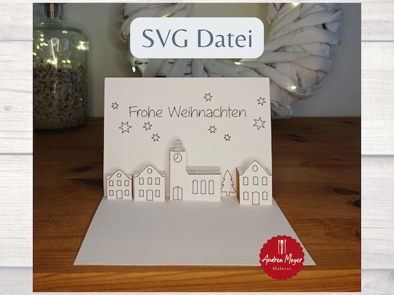 SVG Pop-up Christmas Card with Envelope | Cricut & Silhouette | Plotter File Merry Christmas Village with Church by AndreaMeyerDesign 3