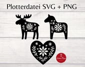 Skandinavische Plotterdateien Dala Pferd, Elch & Herz – Folk Art SVG PNG – Nordic Winter Weihnachten Boho Deko Vorlage