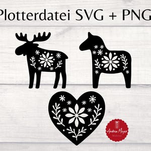 May include: Black and white SVG and PNG cut files showing a moose, a horse, and a heart, decorated with floral and snowflake designs. The text "Plotterdatei SVG + PNG" is at the top. A red logo with text is at the bottom.