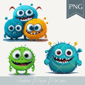 May include: A digital illustration featuring four cartoon monsters in various colors. The monsters are blue, green, and yellow with large eyes and toothy grins. The image includes the text "PNG" and the artist's name.
