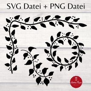 Könnte beinhalten: Schwarze florale Designelemente in SVG- und PNG-Formaten. Das Bild zeigt ein Eckdesign, einen kreisförmigen Kranz und eine geschwungene Ranke, alle mit Blättern und kleinen Punktakzenten. Der Text "SVG Datei + PNG Datei" steht oben.