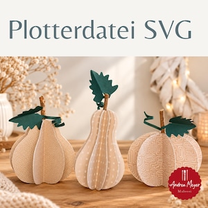 May include: Three decorative paper craft pumpkins in beige and white with dark green paper leaves and brown twig stems. The pumpkins feature various patterns including dots, vertical dashes, and geometric lines. Text reads Plotterdatei SVG.