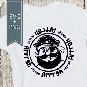 Pirate drôle SVG + PNG – fichier plotter + conception de sublimation motif pirate pour enfants avec 'Arrrgh' pour chemises, tasses et décoration sublimation maritime