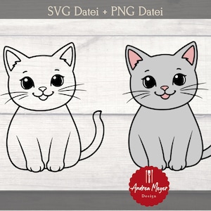 Könnte beinhalten: Eine Schwarzweiß-Zeichnung eines sitzenden Katers mit offenem Maul und einer grauen Katze mit rosa Ohren, die ebenfalls mit offenem Maul sitzt. Oben im Bild steht der Text "SVG Datei + PNG Datei". Unten im Bild steht der Text "Andrea Meyer Design".