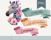 Zebra PNG Bundle – florales Tiermotiv mit Spruchbannern – wild und wunderbar, love yourself, sei einzigartig – Digi Stamp & Sublimation