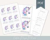Einhorn Einladung Kindergeburtstag + Anhänger | PDF zum Ausdrucken | Pastell Deko für Mädchen Geburtstag | Sofort-Download  | Gastgeschenk