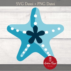 May include: A blue starfish with a white outline and a dark blue five-pointed flower in the center. The starfish is on a white wood background.