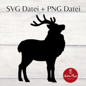 May include: A black silhouette of a stag with large antlers, standing on a white wooden background. The image includes the text "SVG Datei + PNG Datei" at the top and a red circular logo with text at the bottom.