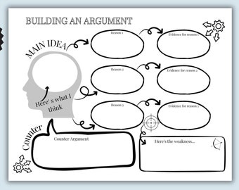 Peut inclure: Une feuille de travail imprimable en noir et blanc pour construire un argument. La feuille de travail comprend des sections pour l'idée principale, les raisons, les preuves, l'argument contraire et les faiblesses.