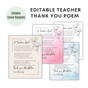 Plantilla de carta para profesor, poema de agradecimiento editable