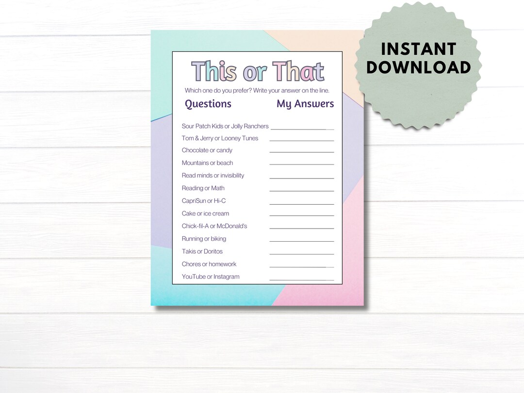 First Day Activity This or That Back to School Ice Breaker One-page Fun ...