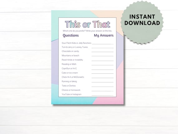 First Day Activity This or That Back to School Ice Breaker One