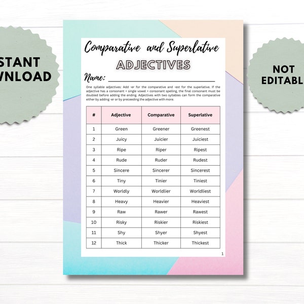 Comparative and Superlative Adjectives English Grammar English Printable