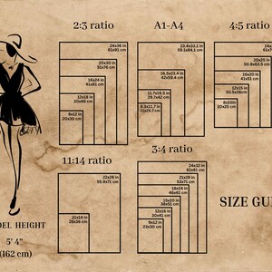 May include: A size guide for printed products with different aspect ratios, including 2:3, 4:5, 3:4, and 11:14. The guide shows the dimensions in inches and centimeters for each ratio. The text "SIZE GUIDE" is at the bottom of the image.