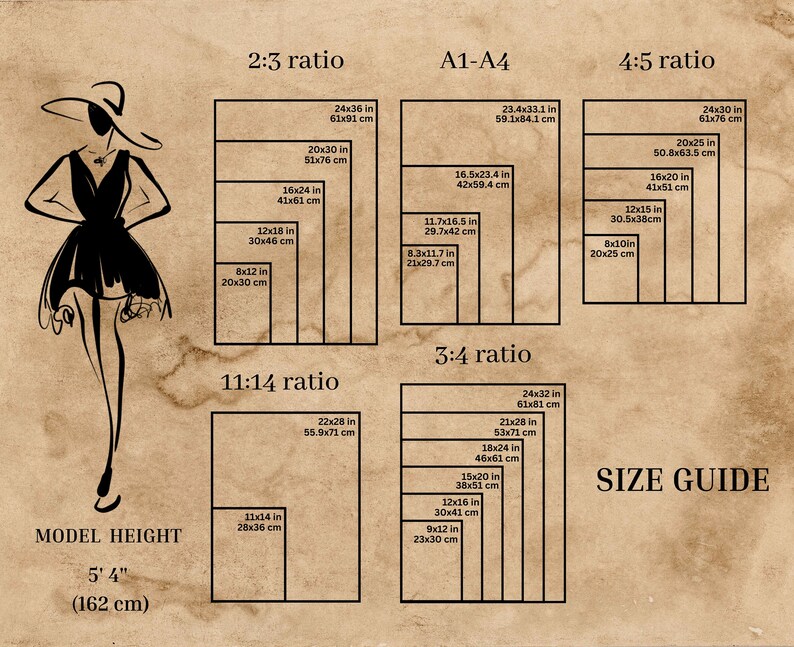 May include: A size guide for printed products with different aspect ratios, including 2:3, 4:5, 3:4, and 11:14. The guide shows the dimensions in inches and centimeters for each ratio. The text "SIZE GUIDE" is at the bottom of the image.