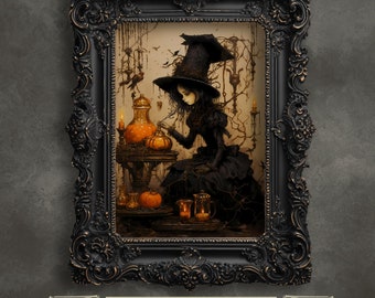 Lámina artística de bruja victoriana: decoración de Halloween con un toque rústico y oscuro