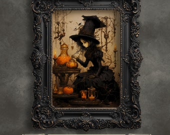 Victorian Witch Wall Art Print Wiccan Decor Dark Cottagecore Gothic Wall Art Orange and Beige Halloween Decoration Occult Print