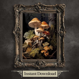 Mushrooms in Dark Forest Printable Wall Art Dark Academia Goblincore Vintage Botanical Decor Witchy Gothic Cottagecore Mushroom Print