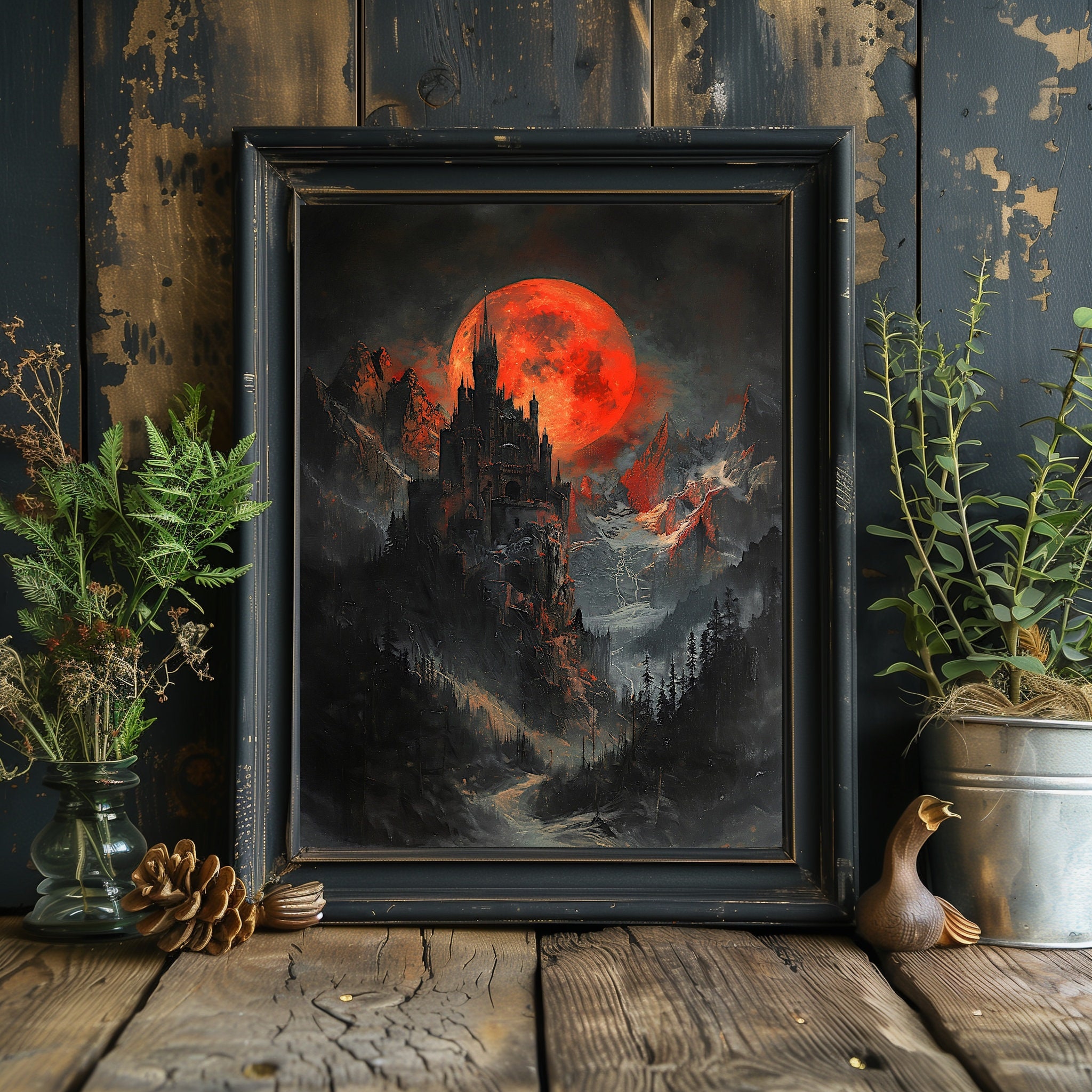 Poster Dark Academia Castello Vampiro Con Luna Di Sangue | Stampa Artistica Gotica 30,5x40,6 Cm Per Arredamento Casa E Ufficio