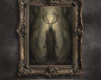 May include: A digital art print of a dark, shadowy figure with antlers standing in a misty forest. The figure is wearing a long, flowing robe and has a haunting expression.