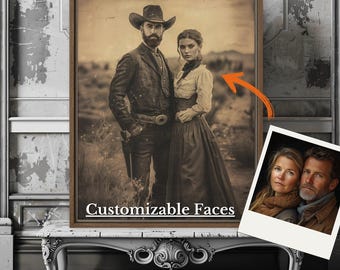 Customizable Wild West Couple Canvas Portrait: Personalized Western Romance Gift