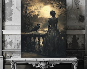 Gothic Woman & Raven Canvas Print: Moody Victorian Art