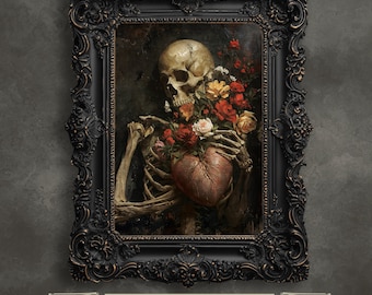 Gothic Skeleton Heart & Roses Print: Dark Romance Wall Art