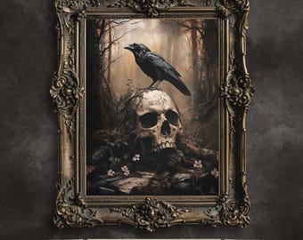 Raven and Skull Gothic Art Print: Dark Victorian Decor (Digital Download)