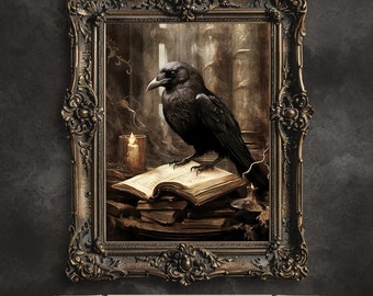 Raven in Library Art Print: Dark Academia Gothic Decor (Digital Download)