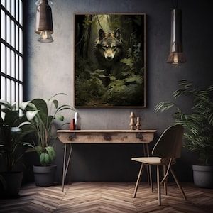 Wolf Wall Art Print Moody Woodland Vintage Green Academia Forest Art Wildlife Dark Green Aesthetic Decor