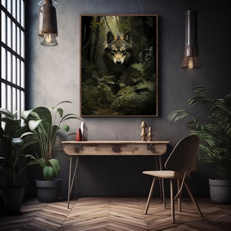 Wolf Wall Art Print Moody Woodland Vintage Green Academia Forest Art Wildlife Dark Green Aesthetic Decor