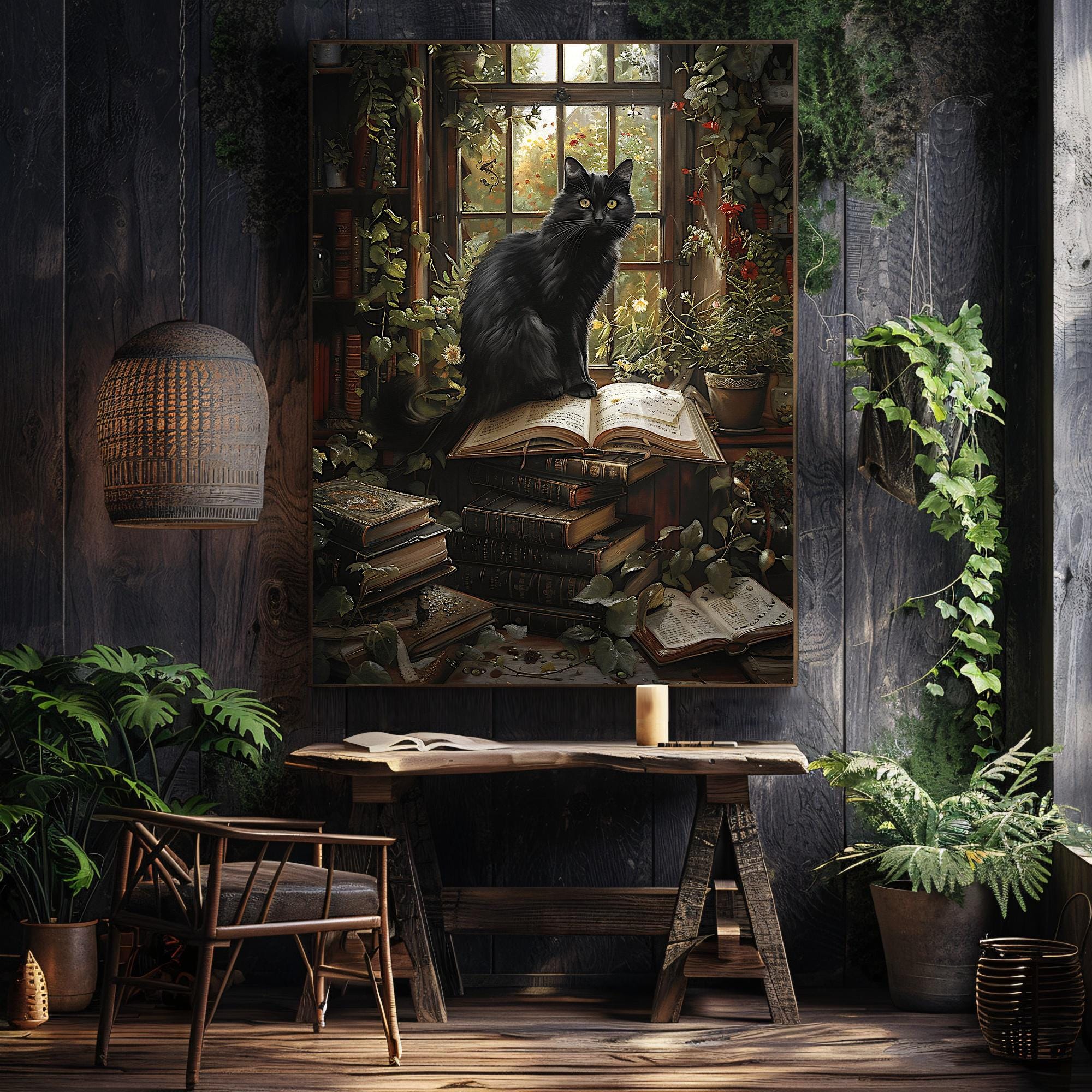 Black Cat Library Art Print, Dark Academia Cottagecore Decor - Etsy
