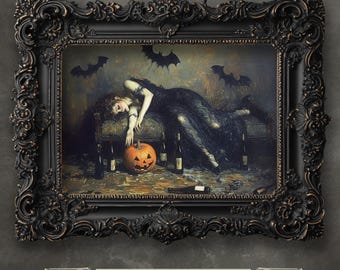 May include: A framed painting of a woman in a black dress lying on a couch with a carved pumpkin and bottles of wine. Bats are flying in the background.