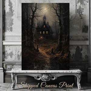 Unheimliches Hexenhaus Leinwanddruck Haunting Halloween Druck Herbst Saison Dekor Gruseliges Waldland Kunstwerk Dunkel Märchen Druck Stimmungsvoller Herbst