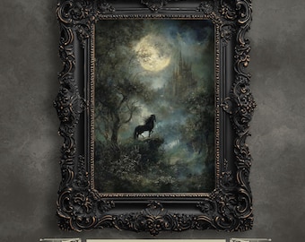 Unicorn Under the Full Moon – Atmospheric Fantasy Art Print with Misty Forest and Castle, High Quality Print