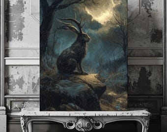 Jackalope Under the Moon Canvas – Atmospheric Cryptid Artwork for Fantasy and Woodland Décor