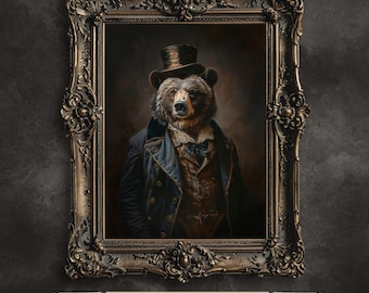 Könnte beinhalten: Ein brauner Bär, der einen Zylinder und eine dunkelblaue Jacke mit goldenen Knöpfen trägt. Der Bär steht vor einem dunkelbraunen Hintergrund.