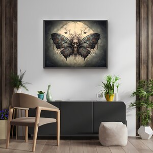 May include: A dark blue and gray butterfly with a skull in the center, surrounded by a white moon and vines. The butterfly is set against a dark gray background.