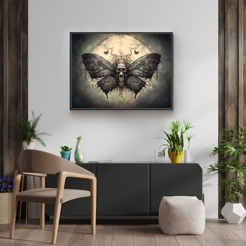May include: A dark blue and gray butterfly with a skull in the center, surrounded by a white moon and vines. The butterfly is set against a dark gray background.