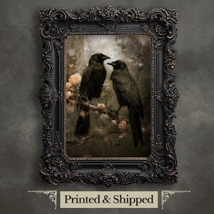 Couple de corbeau dans la forêt sombre impression d'art mural vintage cottagecore sombre peinture de la faune décoration gothique oeuvre d'art universitaire sombre art rétro