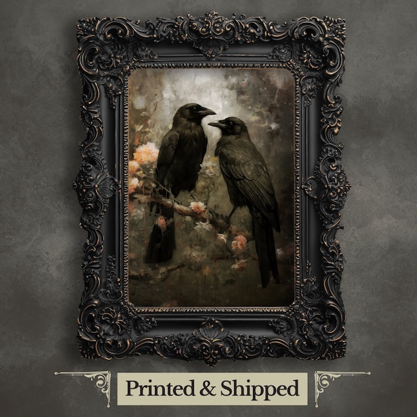 Raven Couple in Dark Forest Wall Art Print Vintage Dark Cottagecore Wildlife Painting Gothic Decor Dark Academia Artwork Retro Art