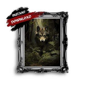 Wolf in Moody Woodland Printable Wall Art Dark Cottagecore Vintage Dark Academia Print Forest Animal Art Wildlife Dark Green Aesthetic