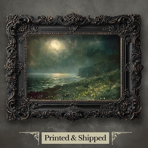 Gothic Wildflower Meadow Seascape Print: Stormy Full Moon Night