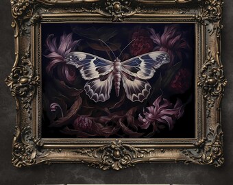 Botanical Moth Art Print: Moody Goblincore Floral Decor (Digital Download)