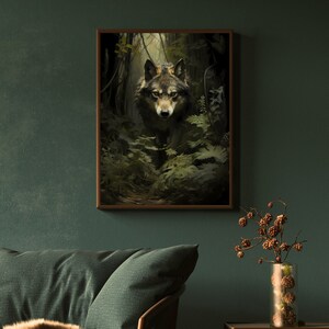 Wolf Wall Art Print Moody Woodland Vintage Green Academia Forest Art Wildlife Dark Green Aesthetic Decor