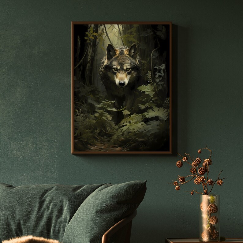 Wolf Wall Art Print Moody Woodland Vintage Green Academia Forest Art Wildlife Dark Green Aesthetic Decor
